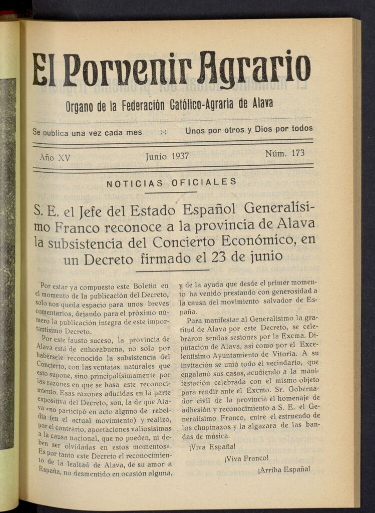 Miniatura de El porvenir agrario de junio de 1937, nº 173