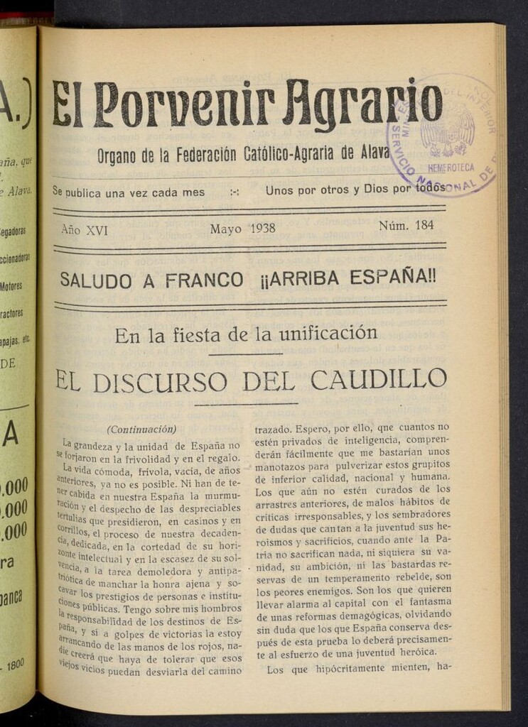 Miniatura de El porvenir agrario de mayo de 1938, nº 184