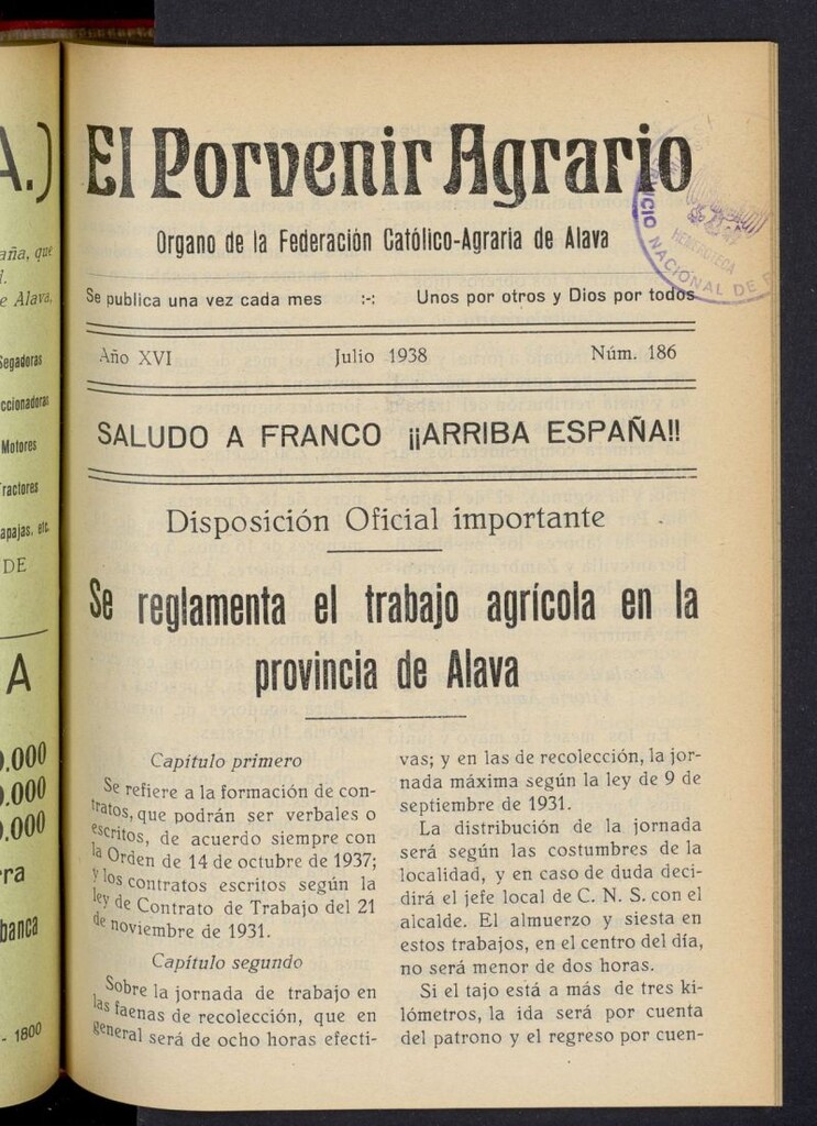 Miniatura de El porvenir agrario de julio de 1938, nº 186