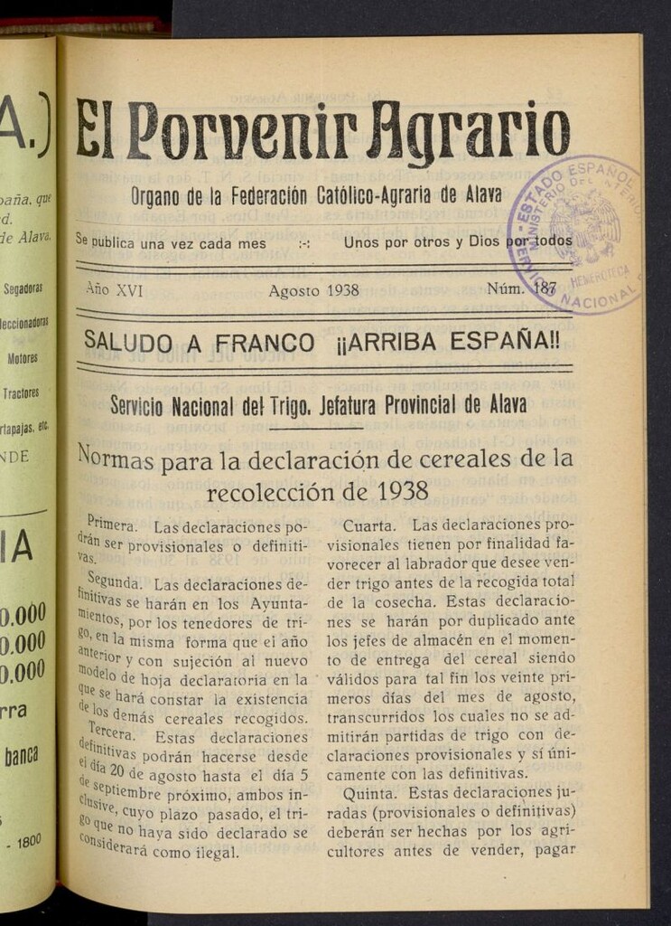 Miniatura de El porvenir agrario de agosto de 1938, nº 187