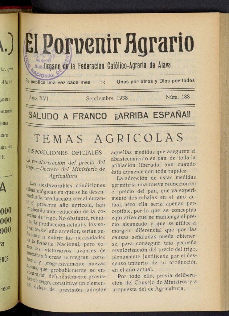 Miniatura de El porvenir agrario de septiembre de 1938, nº 188