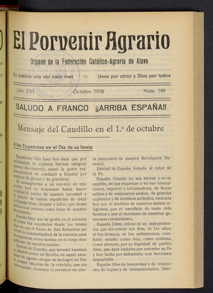 Miniatura de El porvenir agrario de octubre de 1938, nº 189