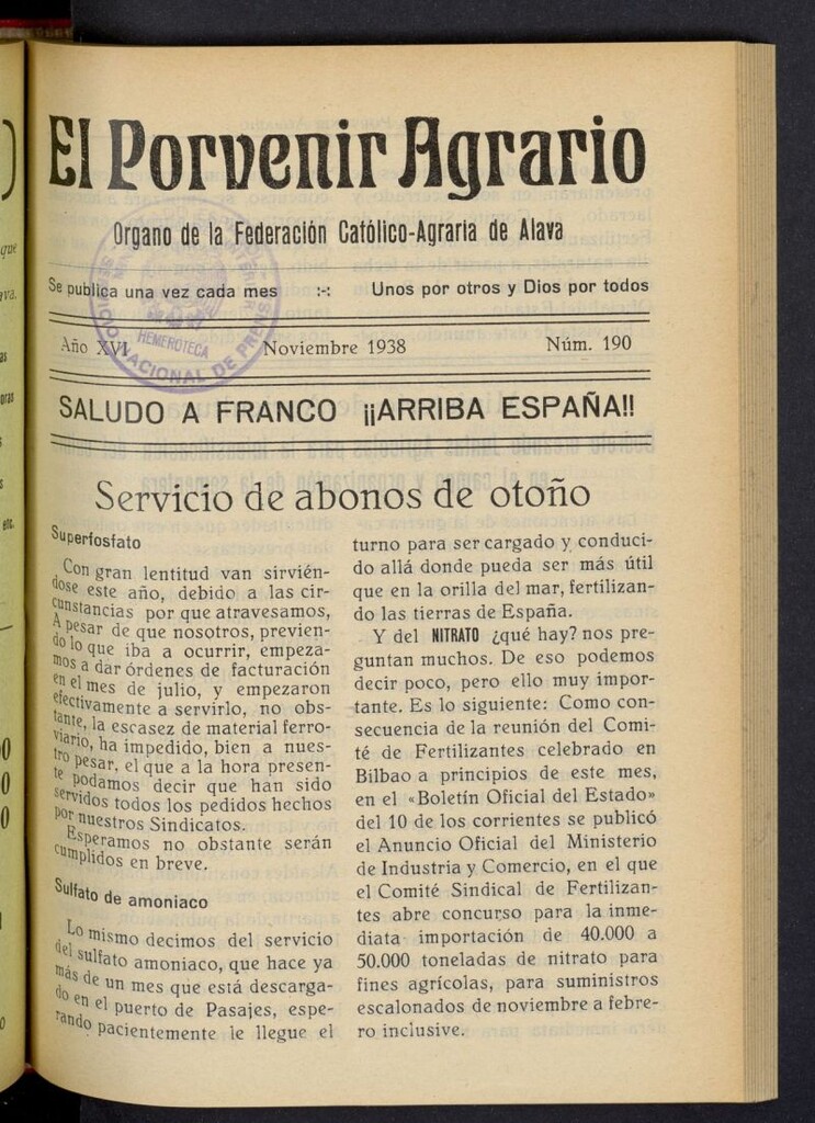 Miniatura de El porvenir agrario de noviembre de 1938, nº 190