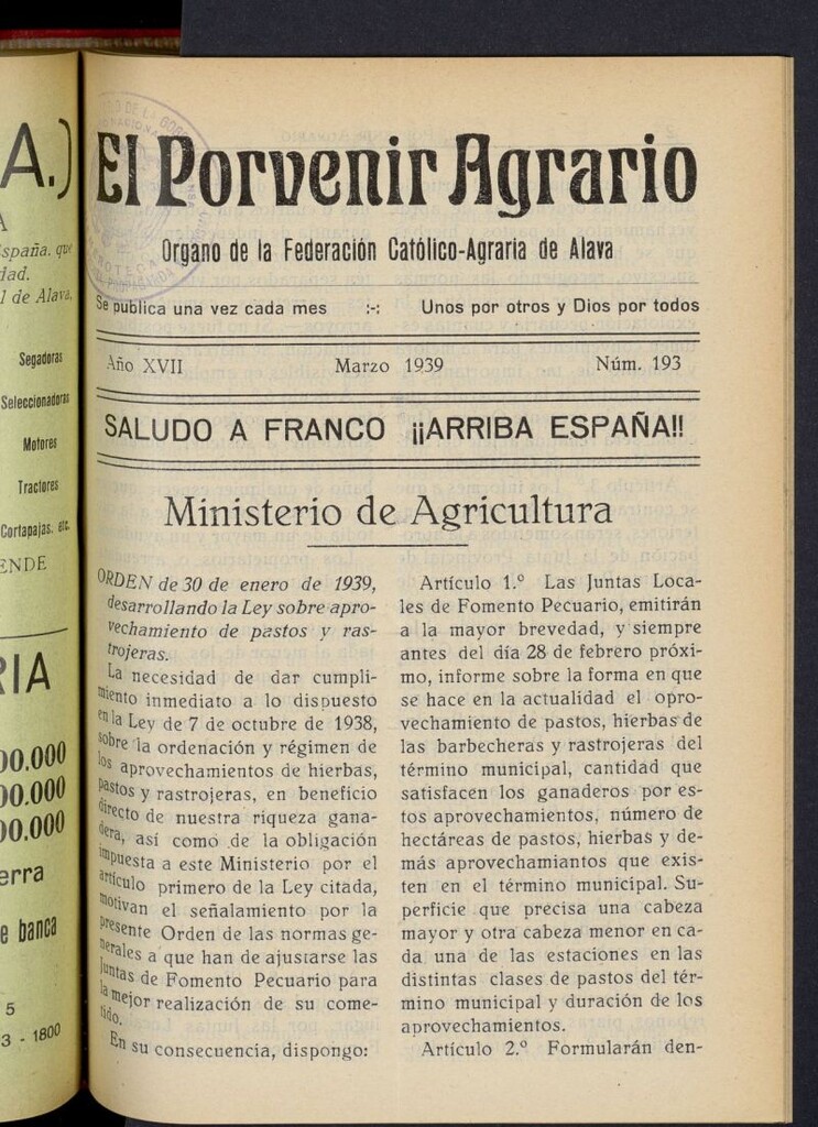 Miniatura de El porvenir agrario de marzo de 1939, nº 193