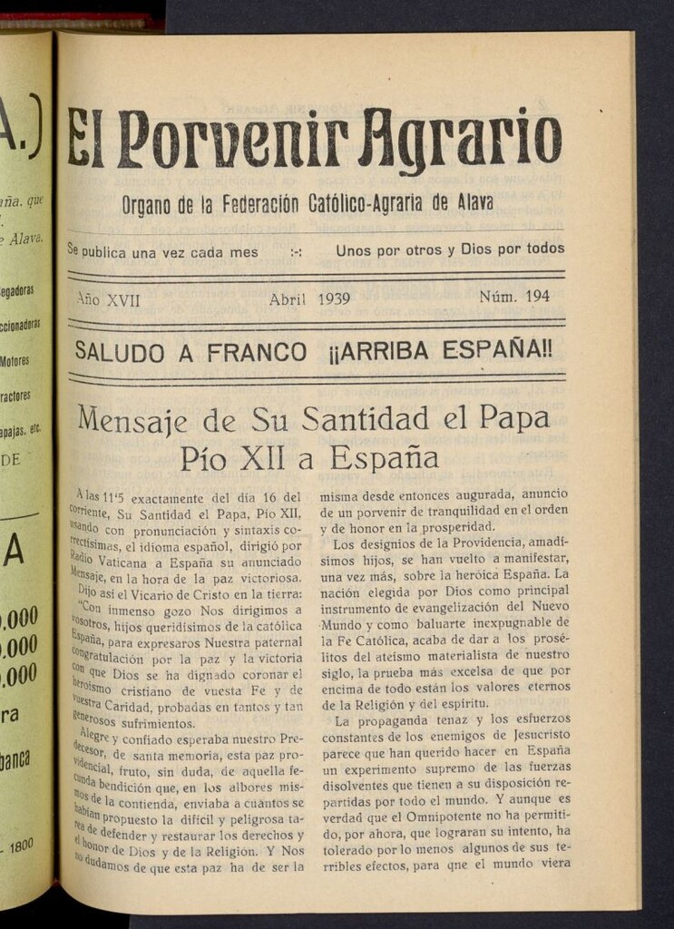 Miniatura de El porvenir agrario de abril de 1939, nº 194