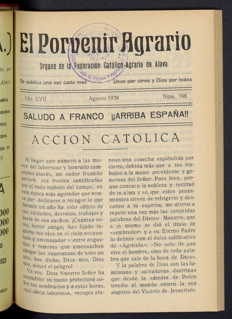 Miniatura de El porvenir agrario de agosto de 1939, nº 198