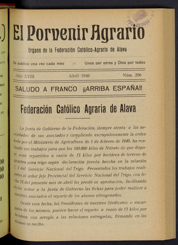 Miniatura de El porvenir agrario de abril de 1940, nº 206