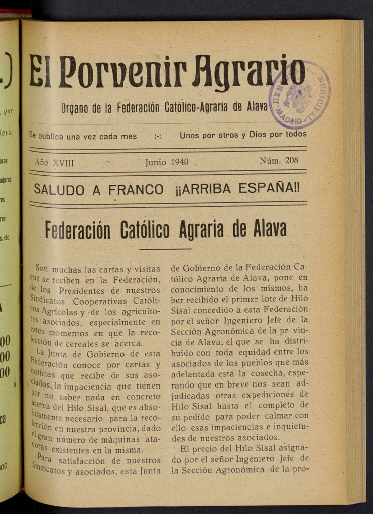 Miniatura de El porvenir agrario de junio de 1940, nº 208