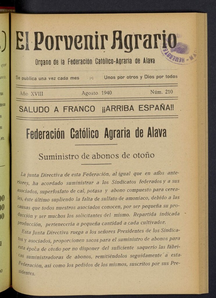 Miniatura de El porvenir agrario de agosto de 1940, nº 210