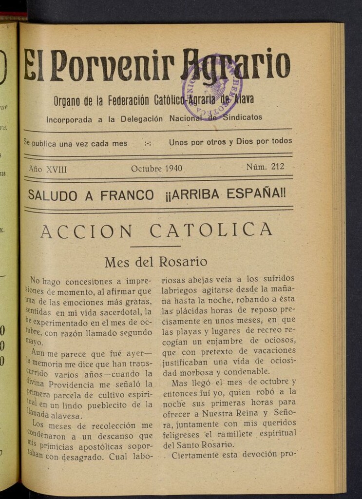 Miniatura de El porvenir agrario de octubre de 1940, nº 212