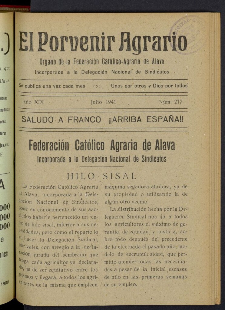 Miniatura de El porvenir agrario de julio de 1941, nº 217