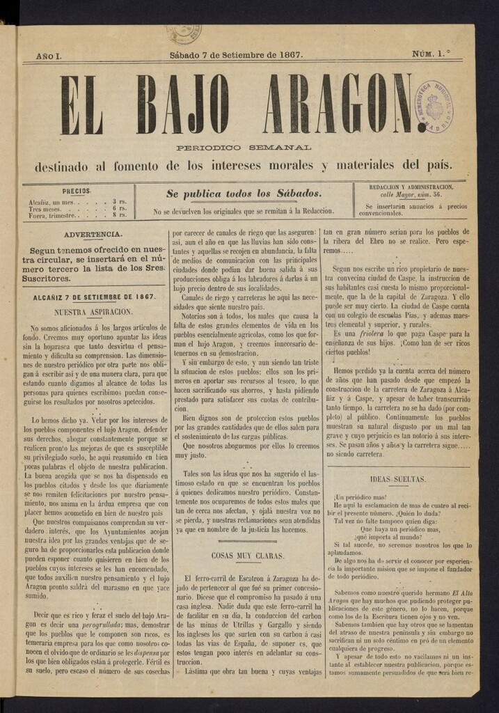 Miniatura de El Bajo Aragon del 7 de septiembre de 1867, nº 1