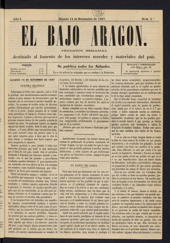 Miniatura de El Bajo Aragon del 14 de septiembre de 1867, nº 2