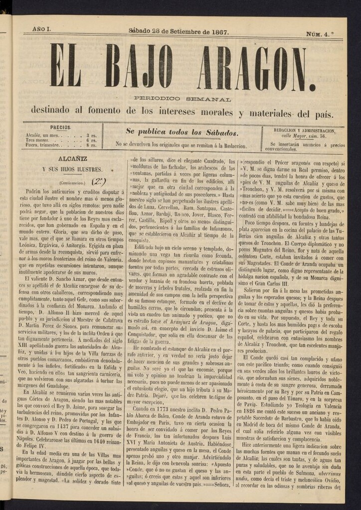 Miniatura de El Bajo Aragon del 28 de septiembre de 1867, nº 4