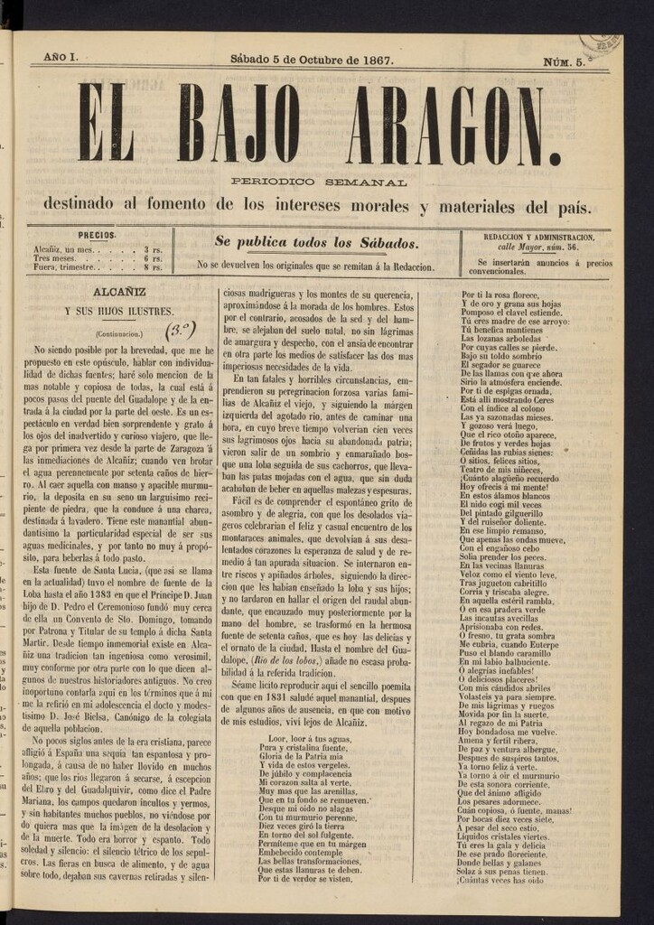 Miniatura de El Bajo Aragon del 5 de octubre de 1867, nº 5