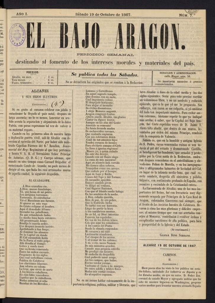 Miniatura de El Bajo Aragon del 19 de octubre de 1867, nº 7