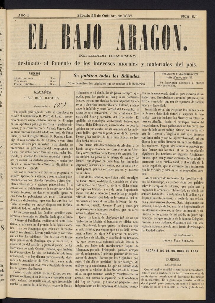 Miniatura de El Bajo Aragon del 26 de octubre de 1867, nº 8