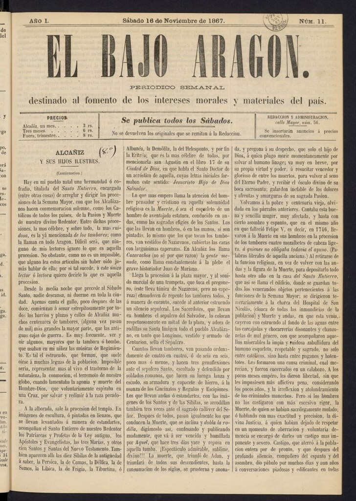 Miniatura de El Bajo Aragon del 16 de noviembre de 1867, nº 11