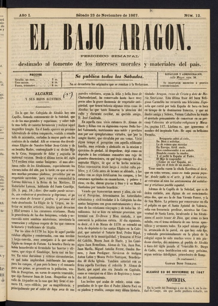 Miniatura de El Bajo Aragon del 23 de noviembre de 1867, nº 12
