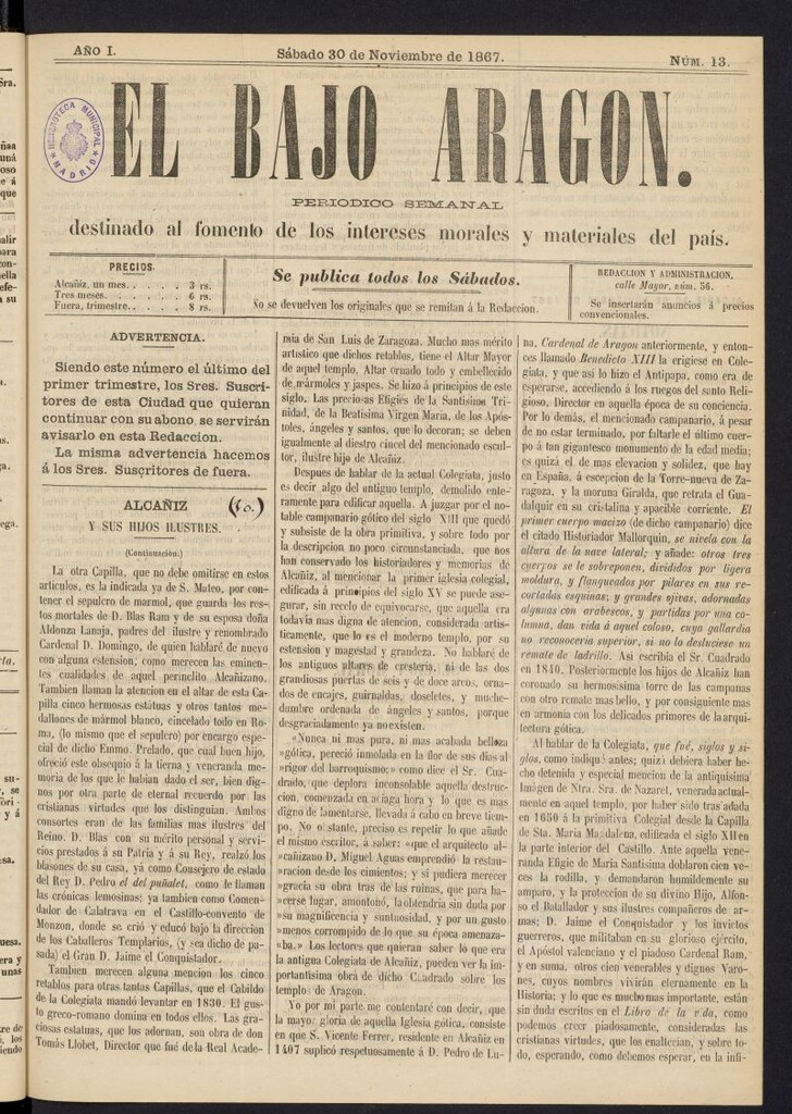 Miniatura de El Bajo Aragon del 30 de noviembre de 1867, nº 13
