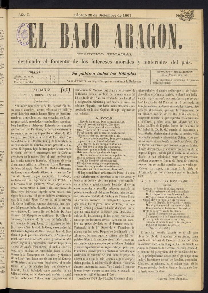 Miniatura de El Bajo Aragon del 28 de diciembre de 1867, nº 17