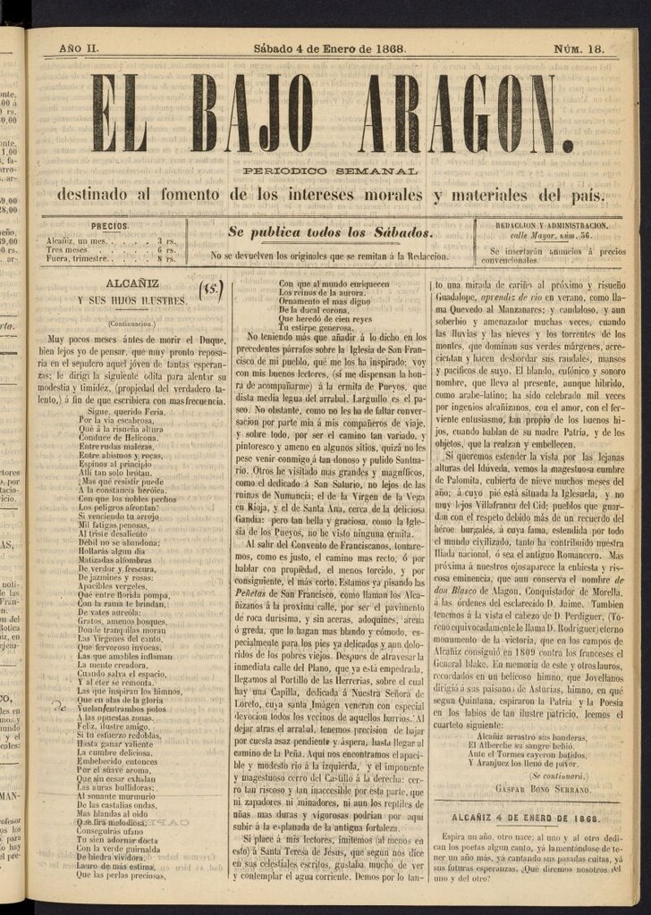 Miniatura de El Bajo Aragon del 4 de enero de 1868, nº 18
