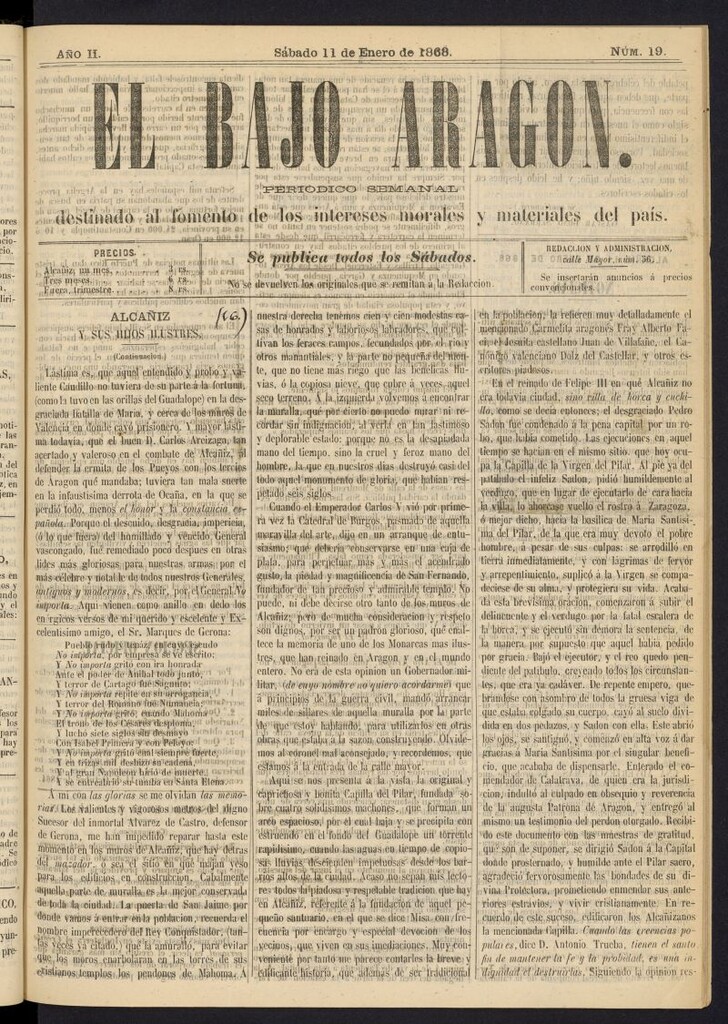 Miniatura de El Bajo Aragon del 11 de enero de 1868, nº 19