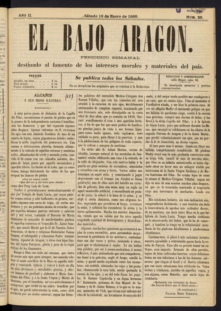 Miniatura de El Bajo Aragon del 18 de enero de 1868, nº 20