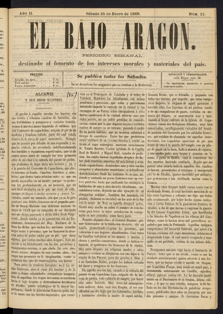 Miniatura de El Bajo Aragon del 25 de enero de 1868, nº 21