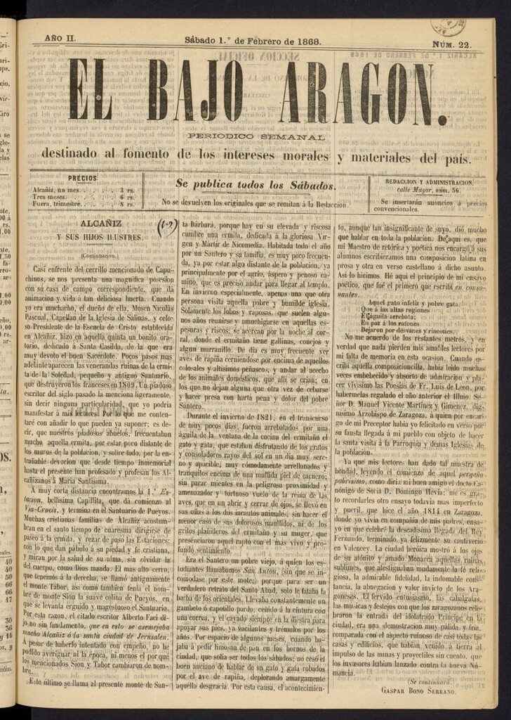 Miniatura de El Bajo Aragon del 1 de febrero de 1868, nº 22