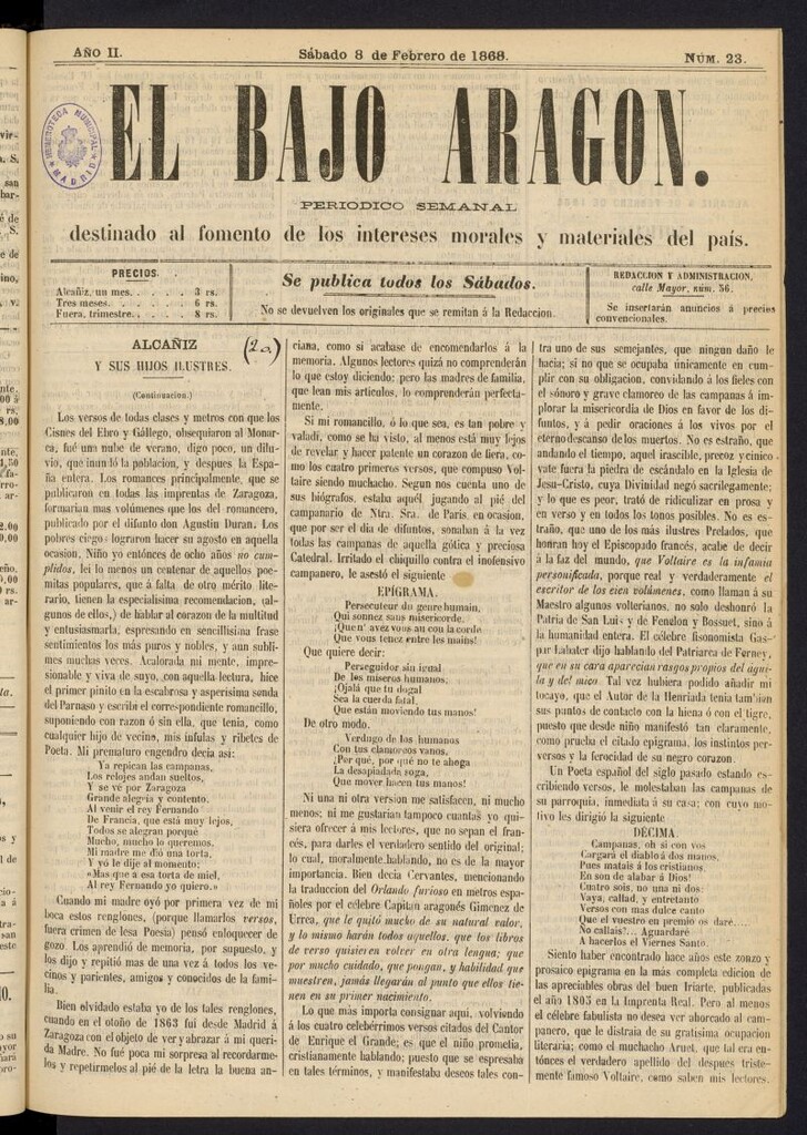 Miniatura de El Bajo Aragon del 8 de febrero de 1868, nº 23