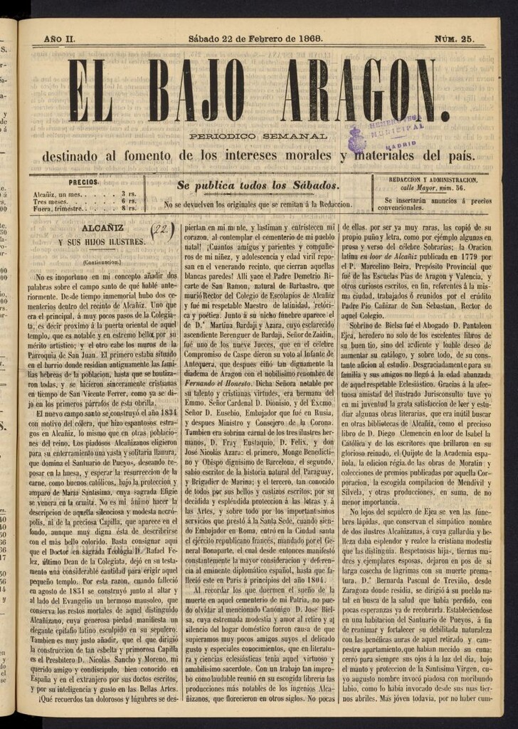 Miniatura de El Bajo Aragon del 22 de febrero de 1868, nº 25