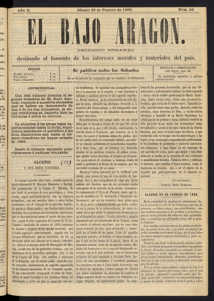 Miniatura de El Bajo Aragon del 29 de febrero de 1868, nº 26