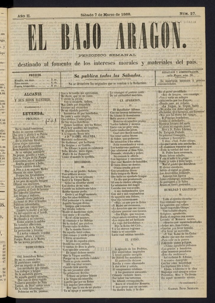Miniatura de El Bajo Aragon del 7 de marzo de 1868, nº 27