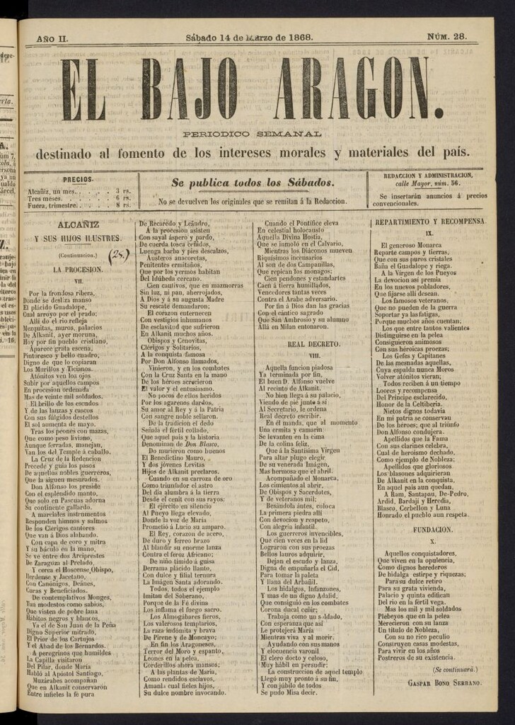 Miniatura de El Bajo Aragon del 14 de marzo de 1868, nº 28