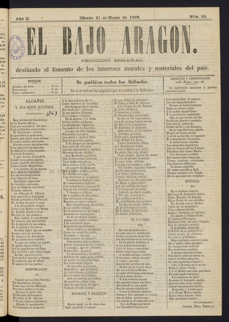 Miniatura de El Bajo Aragon del 21 de marzo de 1868, nº 29