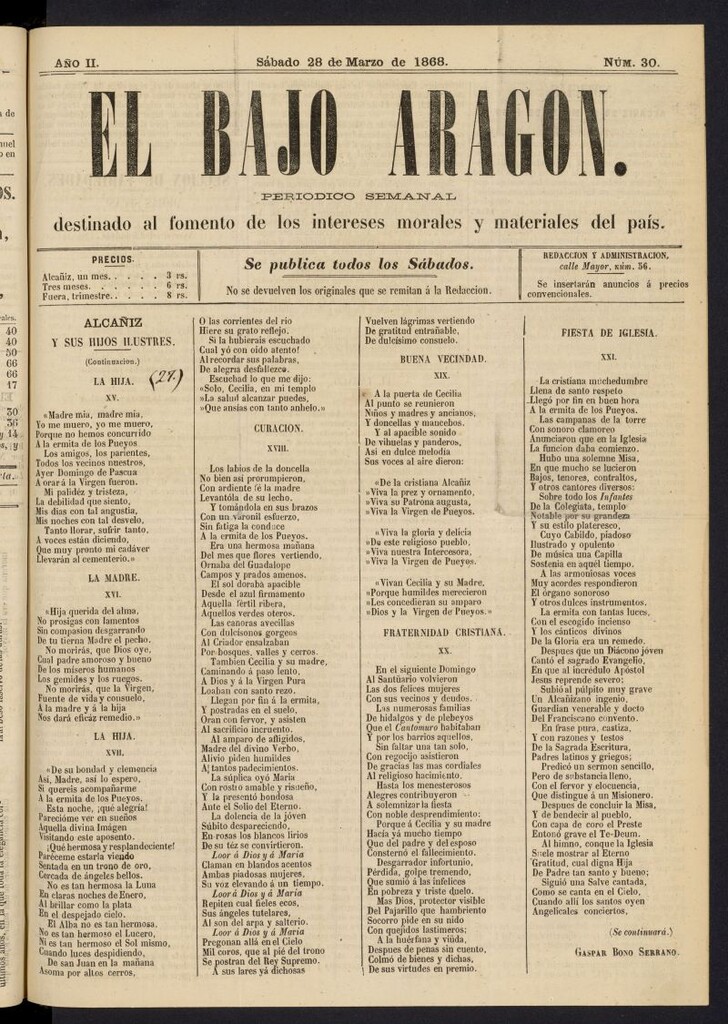 Miniatura de El Bajo Aragon del 28 de marzo de 1868, nº 30