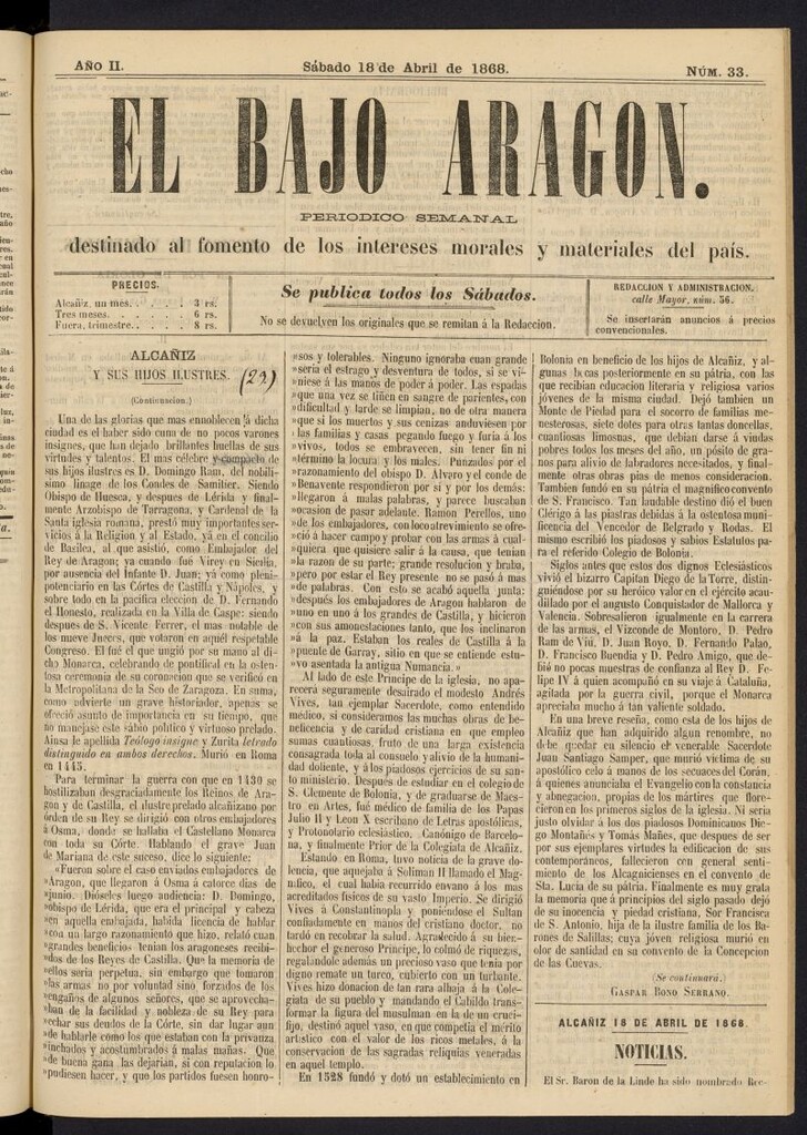Miniatura de El Bajo Aragon del 18 de abril de 1868, nº 33