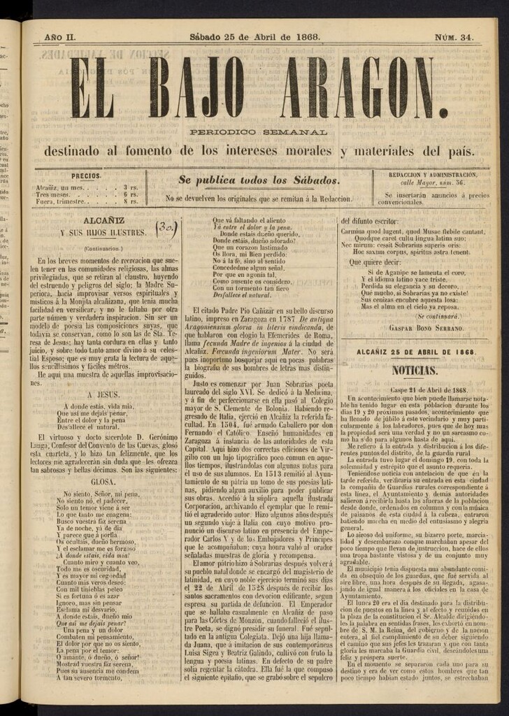 Miniatura de El Bajo Aragon del 25 de abril de 1868, nº 34