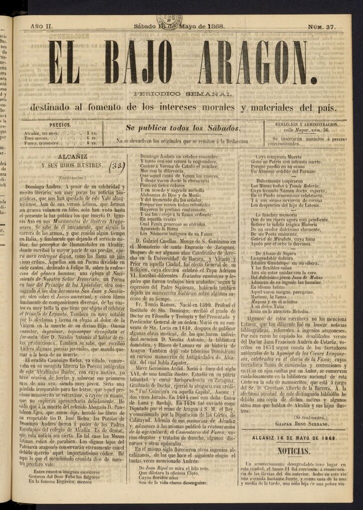 Miniatura de El Bajo Aragon del 16 de mayo de 1868, nº 37