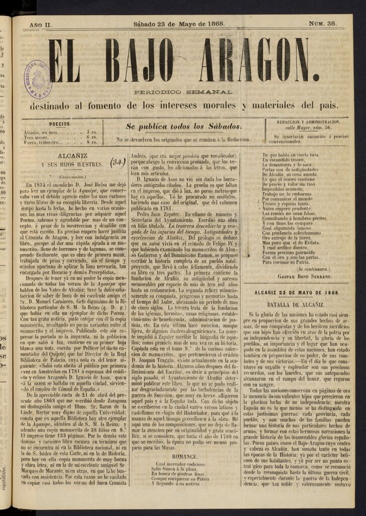 Miniatura de El Bajo Aragon del 23 de mayo de 1868, nº 38