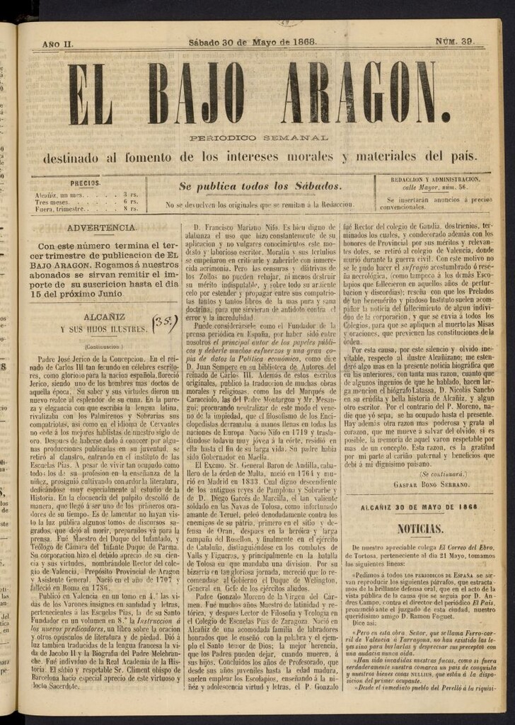 Miniatura de El Bajo Aragon del 30 de mayo de 1868, nº 39