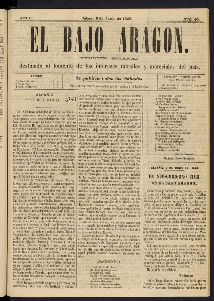 Miniatura de El Bajo Aragon del 6 de junio de 1868, nº 40
