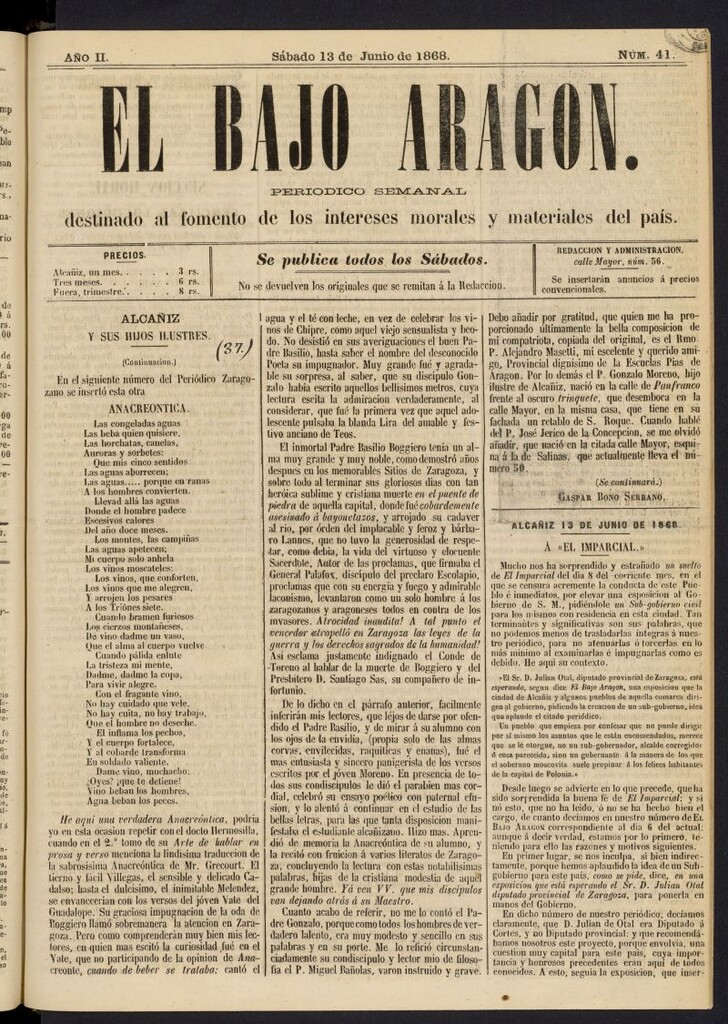 Miniatura de El Bajo Aragon del 13 de junio de 1868, nº 41