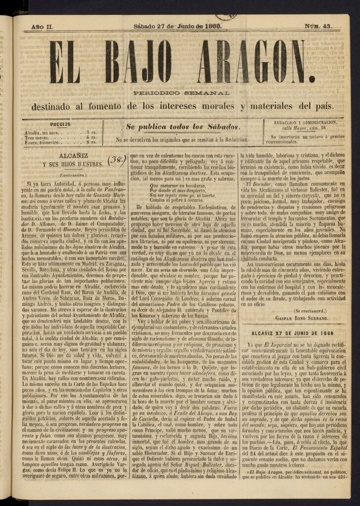 Miniatura de El Bajo Aragon del 27 de junio de 1868, nº 43