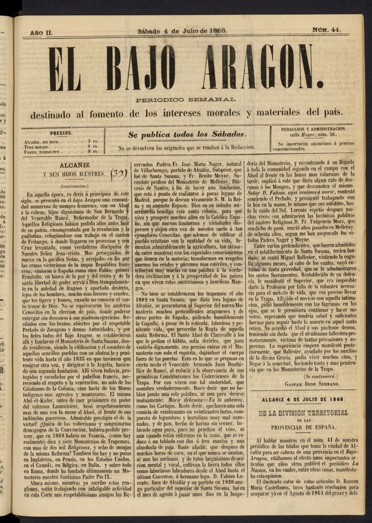 Miniatura de El Bajo Aragon del 4 de julio de 1868, nº 44