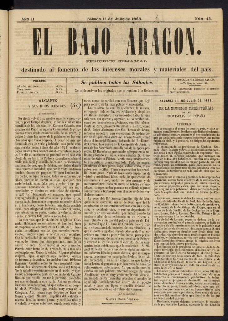 Miniatura de El Bajo Aragon del 11 de julio de 1868, nº 45