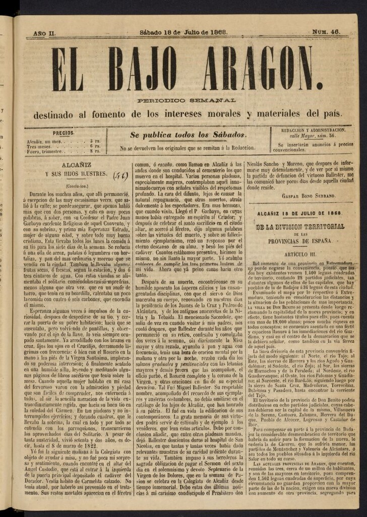 Miniatura de El Bajo Aragon del 18 de julio de 1868, nº 46