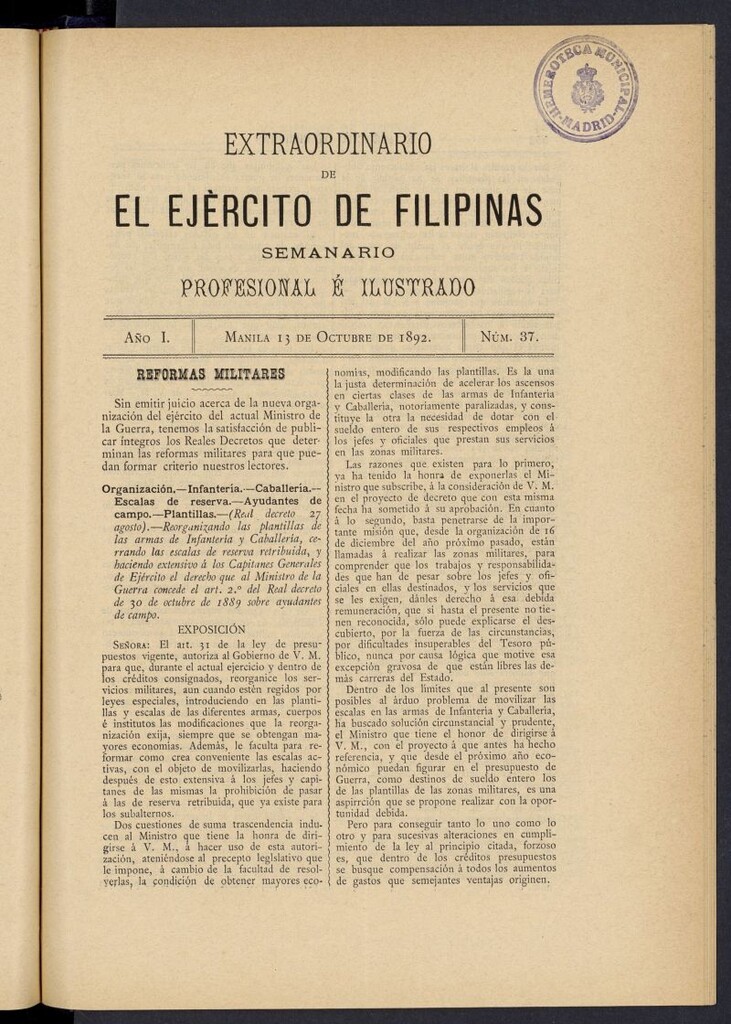 Miniatura de El Ejército de Filipinas : semanario profesional e ilustrado del 13 de octubre de 1892, nº 37