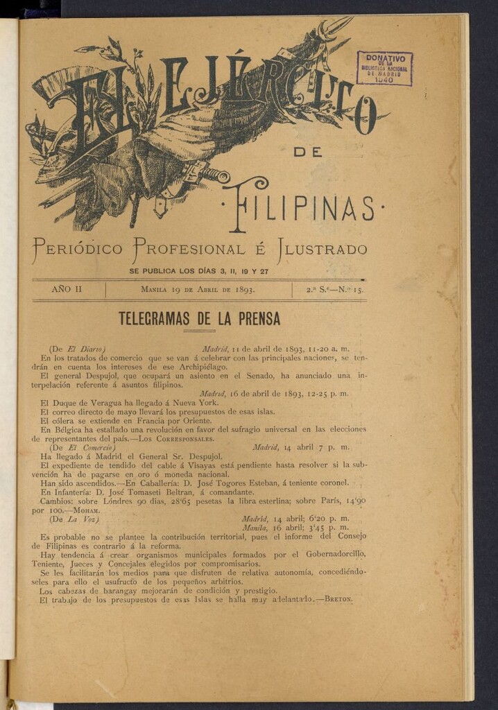 Miniatura de El Ejército de Filipinas : semanario profesional e ilustrado del 19 de abril de 1893, nº 15
